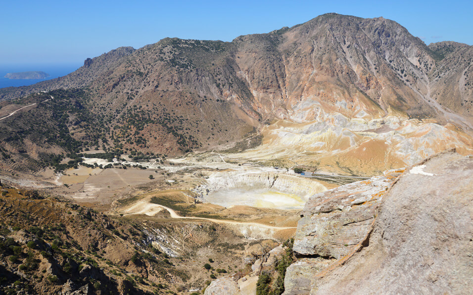 Crater of Nisyros’ volcano, seen from the village of Nikia.